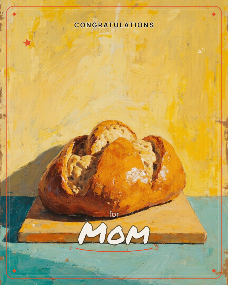 A torn loaf of crusty bread sits on a wooden board, its golden crust broken open to show the soft white crumb inside, a congratulations e-card design