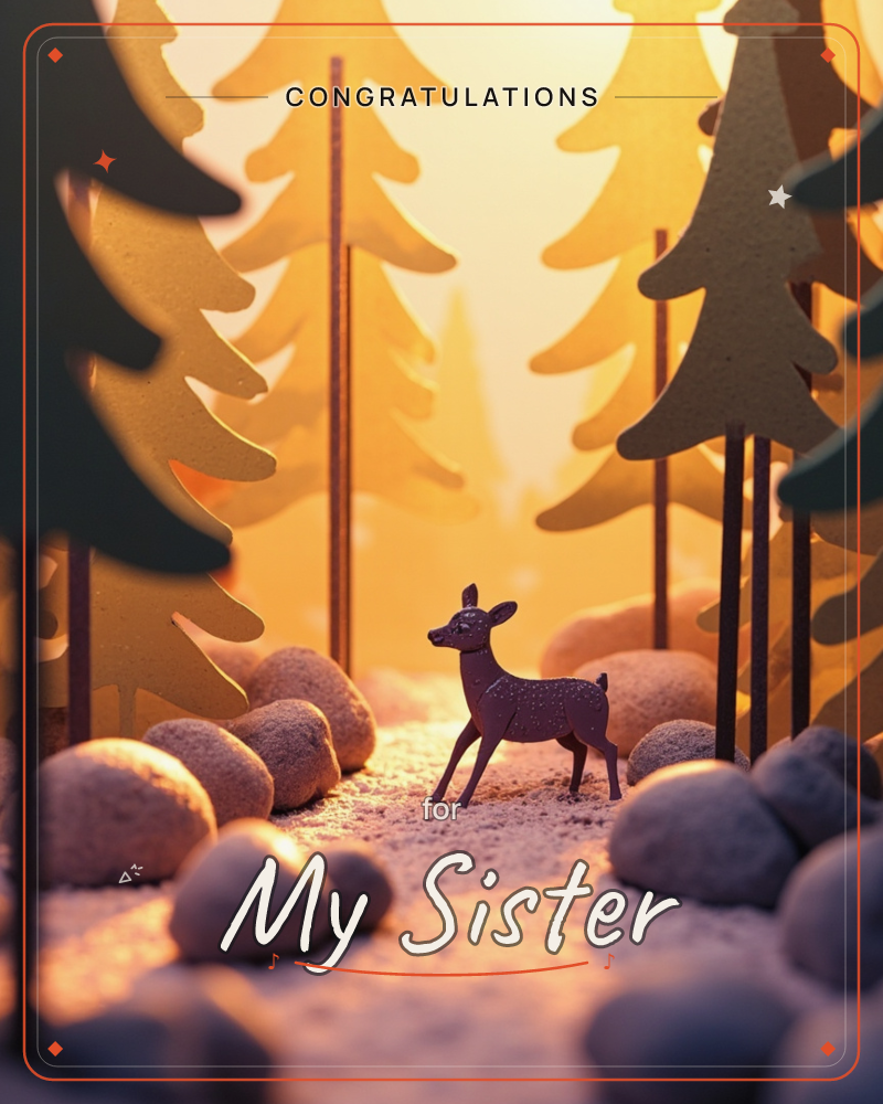 A paper-craft diorama shows a small speckled fawn standing among cut-out pine trees and rounded stones dusted with snow, the whole scene glowing in…, a congratulations e-card design