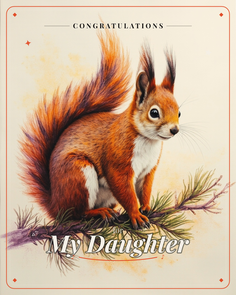A red squirrel perches on a pine branch, its bushy tufted ears and full tail rendered in fine detailed strokes against a soft cream background, a congratulations e-card design