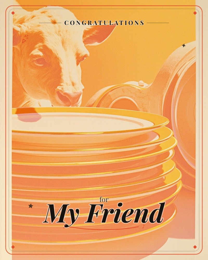 A stack of ceramic plates rises tall in the foreground while a calf peers curiously over the top, its ears perked and nose almost touching the rim, a congratulations e-card design