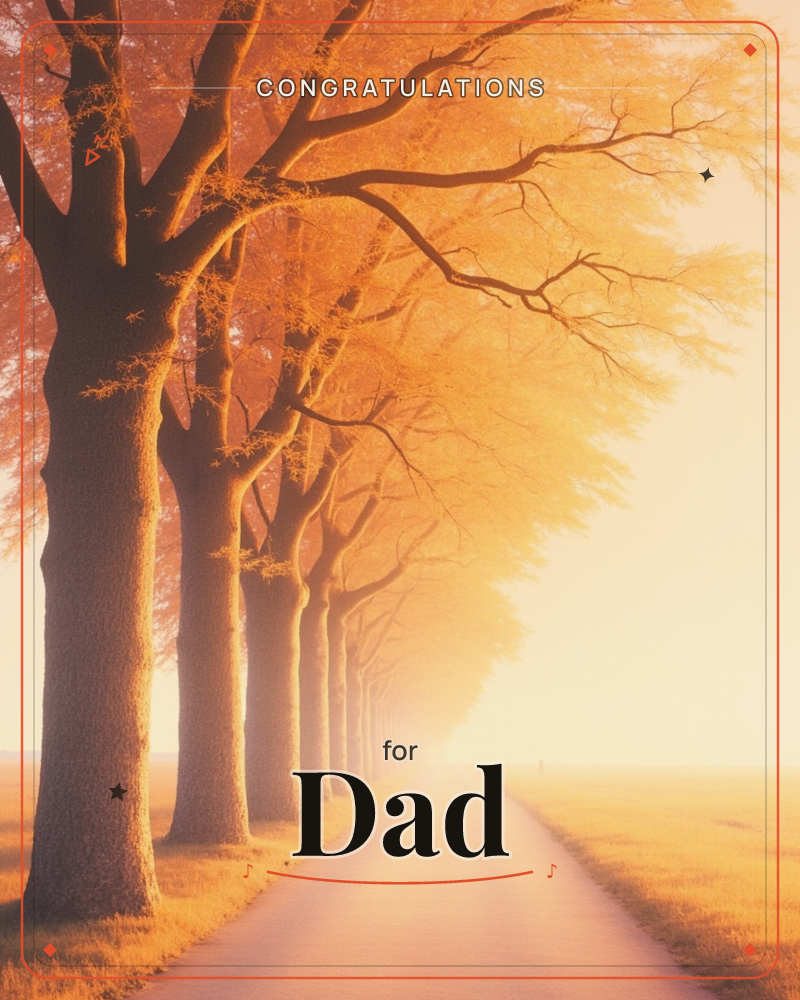 A straight country road stretches into golden haze, lined on one side by tall trees whose autumn leaves glow amber in low sunlight, a congratulations e-card design