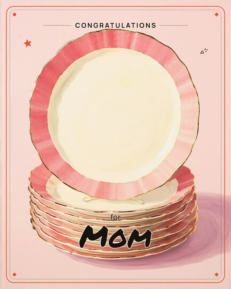 A stack of vintage-style china plates with scalloped pink borders and thin gold rims sits against a soft pink background, a congratulations e-card design