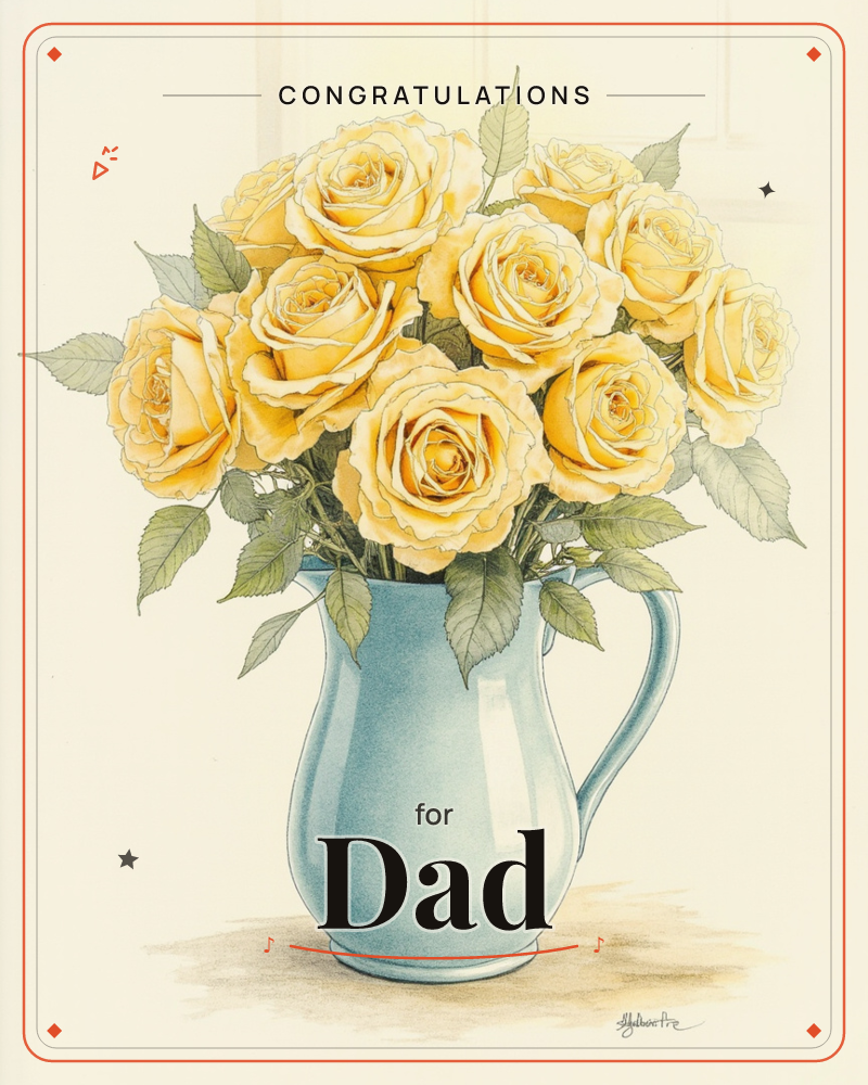 A pale blue ceramic jug sits on a windowsill, packed full of golden-yellow roses in soft bloom, a congratulations e-card design
