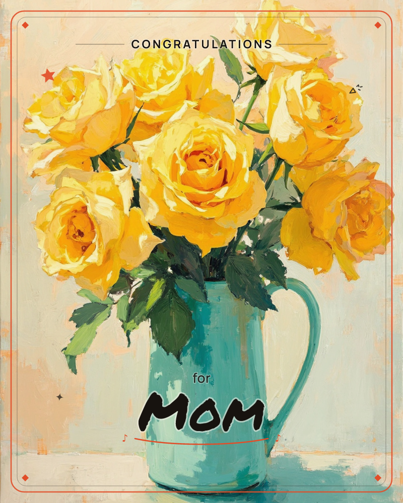 A cluster of golden yellow roses spills from a turquoise pitcher, painted in loose, sunlit brushstrokes against a soft peach and cream backdrop, a congratulations e-card design