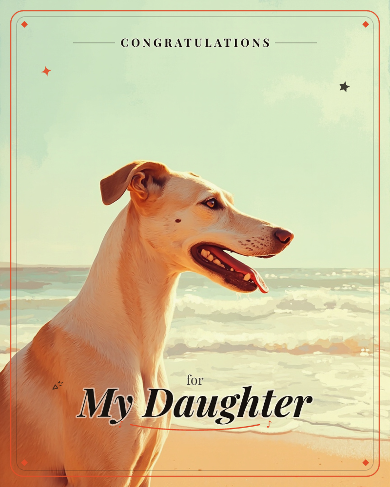 A tan, short-haired dog sits on a sandy shore in profile, tongue out and panting happily, with pale turquoise waves rolling in behind it, a congratulations e-card design