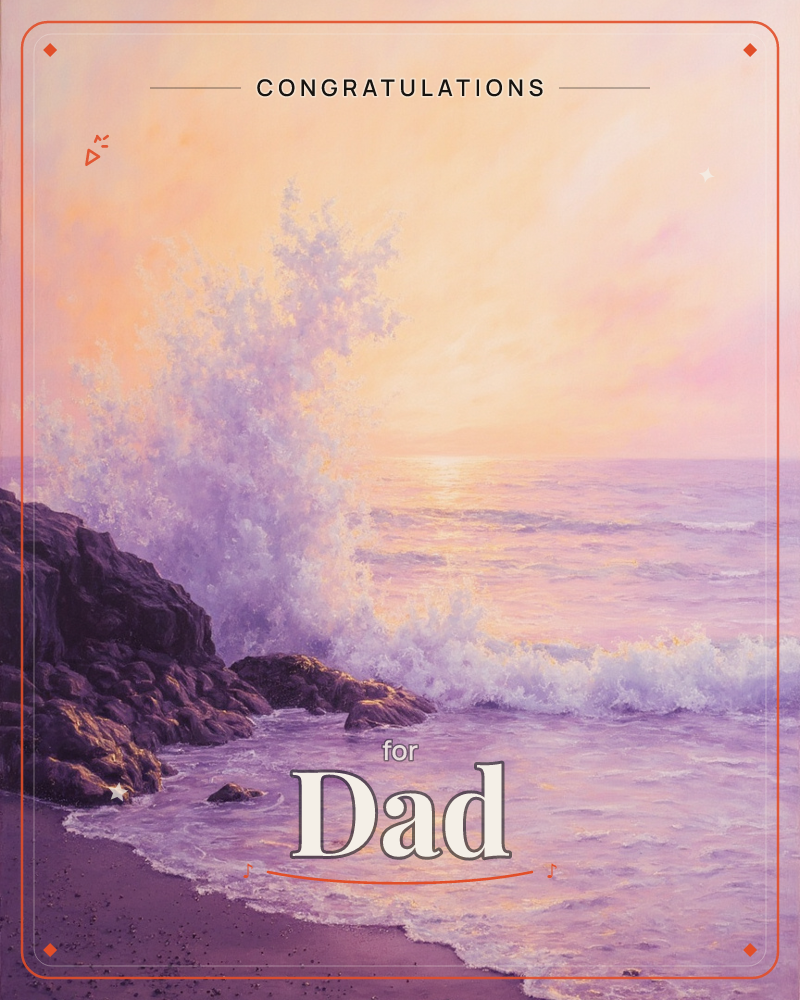 A wave bursts against dark rocks on a quiet shoreline as the sun sets, throwing spray into the air in a pale mist, a congratulations e-card design