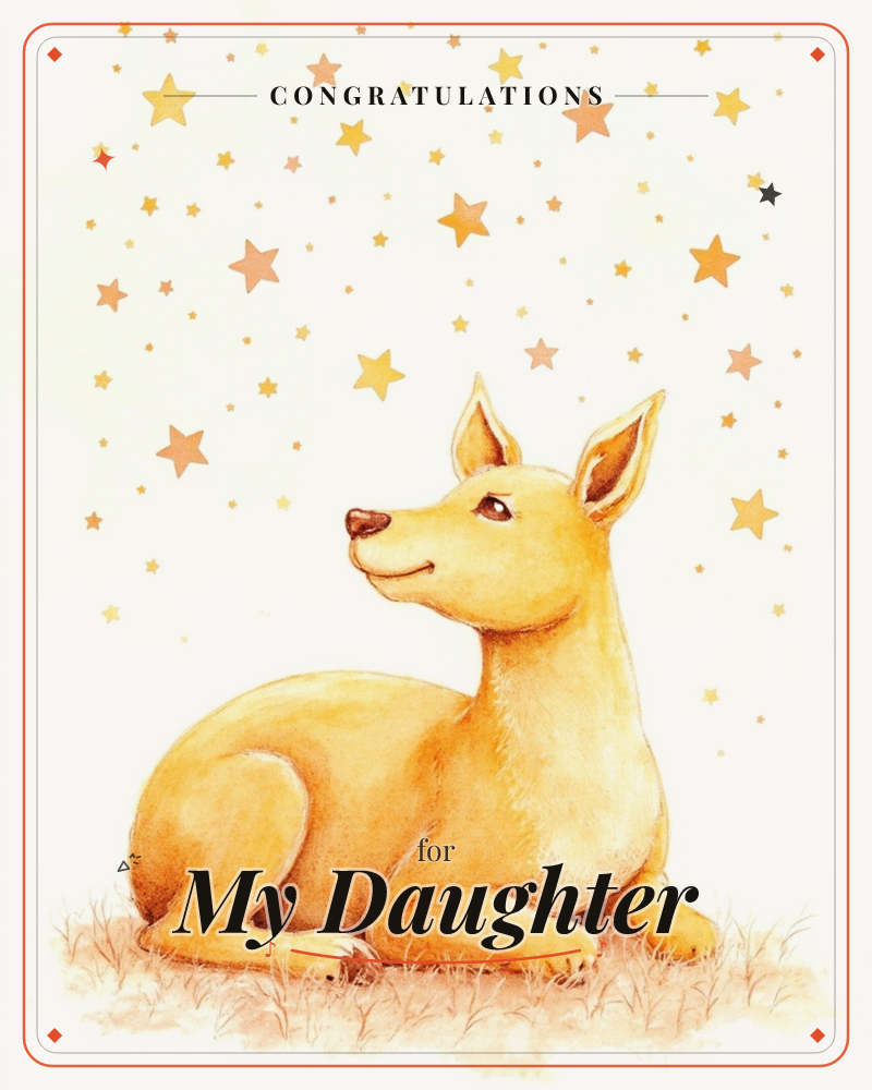 A golden-toned fawn lies curled in a patch of grass, gazing upward with a soft smile at a sky scattered with warm amber and gold stars, a congratulations e-card design