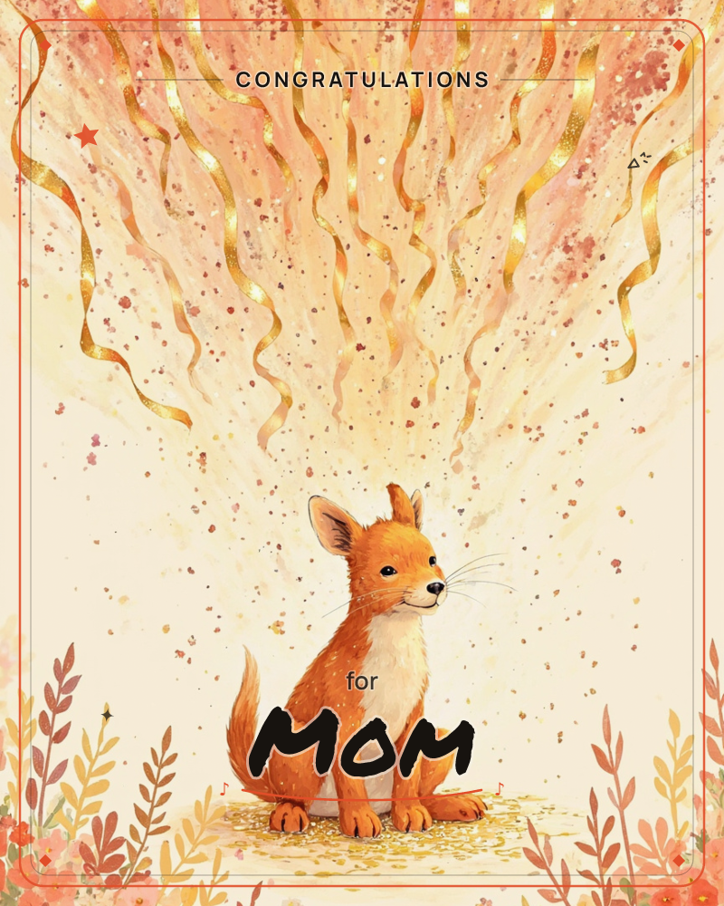 A small fox sits neatly on a patch of gold-flecked ground, surrounded by curling ribbons of gold and coral that burst upward like a fountain of confetti, a congratulations e-card design