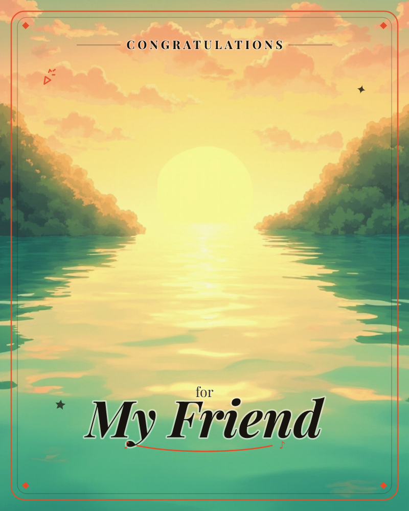A wide sun glows low over a calm river channel, its light spilling across the rippling turquoise water in a bright path, a congratulations e-card design