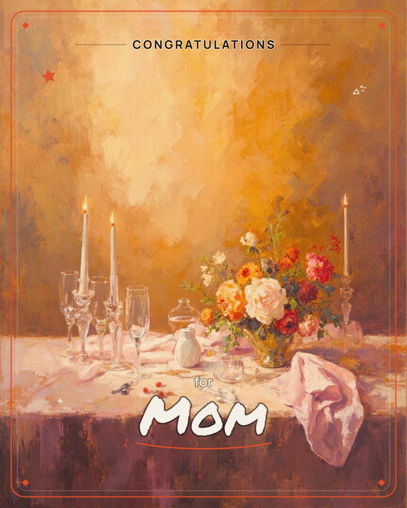 A candlelit table is set with champagne flutes, a small white jug, and a loose bouquet of roses in cream, orange and red, all glowing against a warm…, a congratulations e-card design
