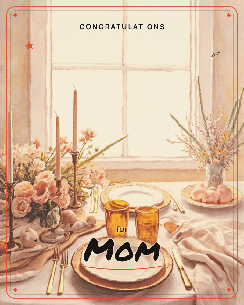 A softly painted dining table is set before a large sunlit window, with pink taper candles, gilt-rimmed plates, amber glass tumblers and gold cutlery…, a congratulations e-card design