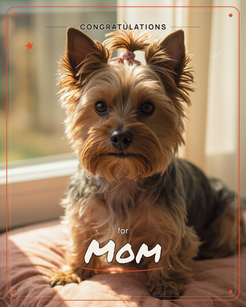 A small Yorkshire Terrier sits on a cushioned windowsill, its topknot tied up with a little bow, gazing straight at the camera, a congratulations e-card design