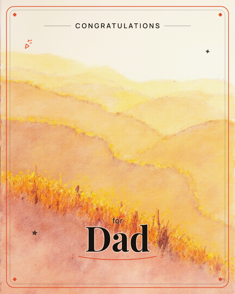 A watercolour landscape of rolling hills washed in gold and warm amber, with a diagonal ridge of golden grasses cutting across the foreground, a congratulations e-card design