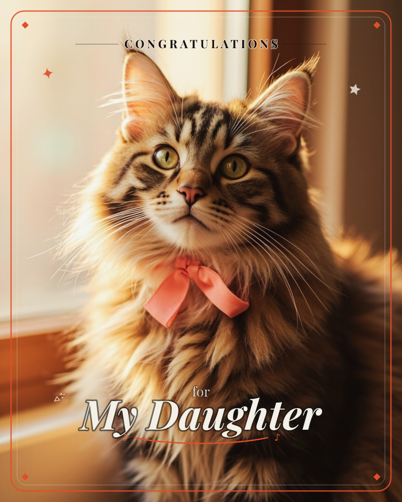 A long-haired tabby cat sits by a sunlit window, a soft coral ribbon tied in a bow at its neck, a congratulations e-card design