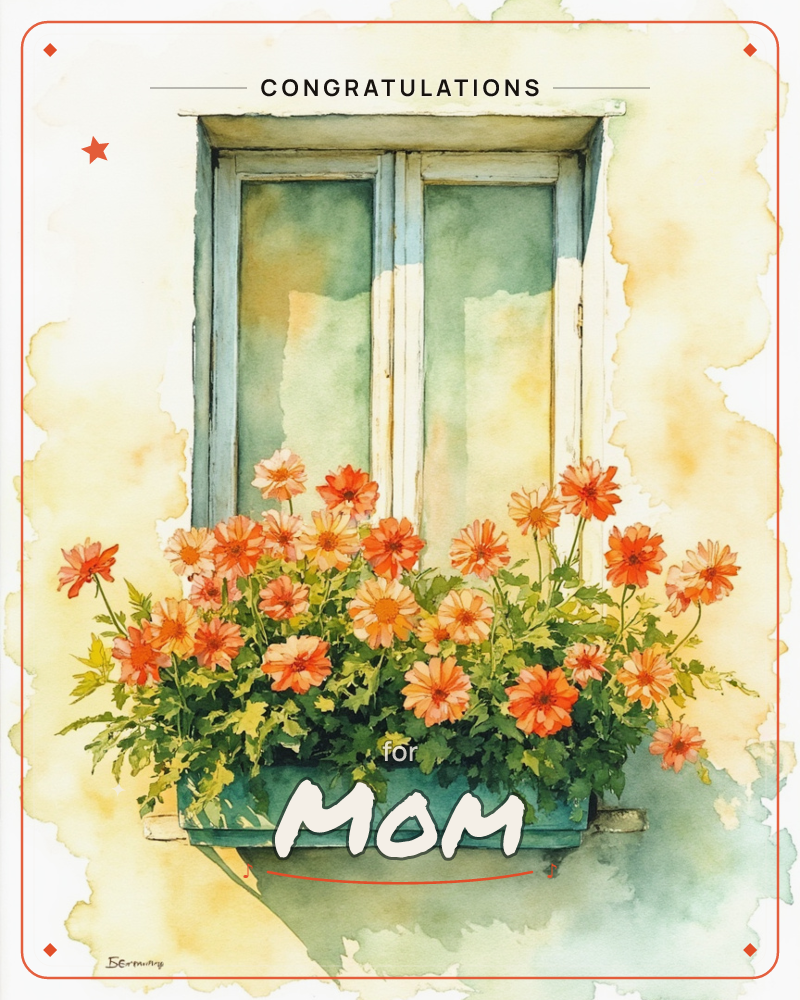 A weathered blue-green shuttered window looks out over a wooden flower box crowded with orange and coral daisies, a congratulations e-card design