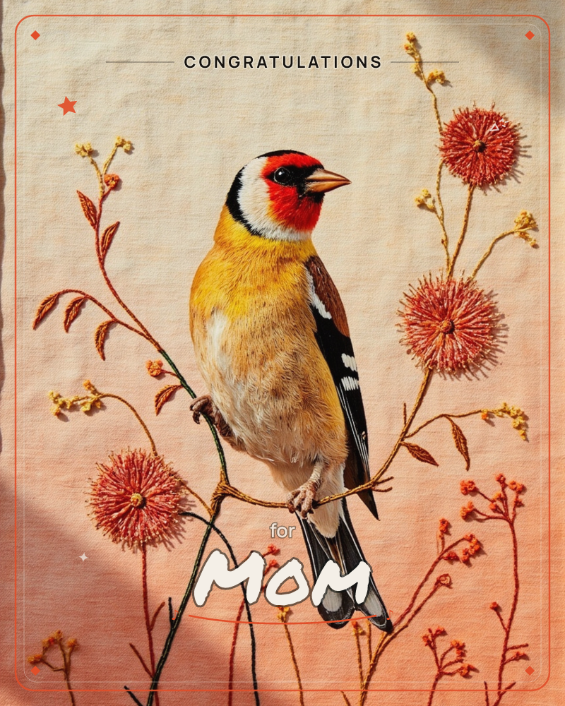 A goldfinch with a scarlet face and golden-barred wings perches on an embroidered branch, surrounded by stitched pink pom-pom blooms and sprigs of tiny…, a congratulations e-card design