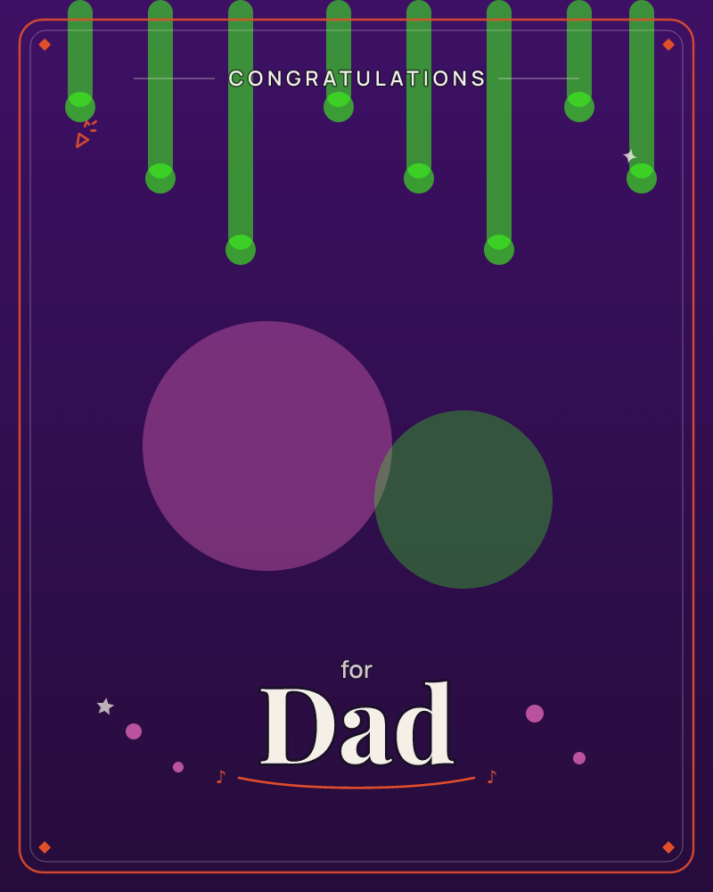A deep purple backdrop glows behind two overlapping circles, one plum and one mossy green, sitting like planets caught in soft light, a congratulations e-card design by @DittyCityTeam