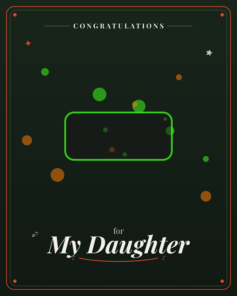 A dark forest-green backdrop is scattered with softly glowing dots in green and amber, like embers or fireflies drifting at night, a congratulations e-card design by @DittyCityTeam