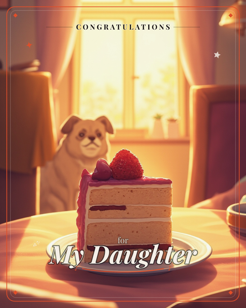 A slice of layered strawberry cake sits on a white plate at the center of a sunlit table, its jam-filled layers topped with a fresh strawberry, a congratulations e-card design