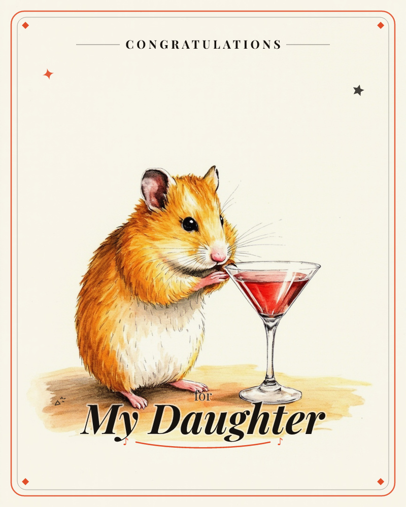 A golden hamster sits upright on a bare tabletop, both paws wrapped around the stem of a martini glass as it sips the red cocktail through a tiny straw, a congratulations e-card design