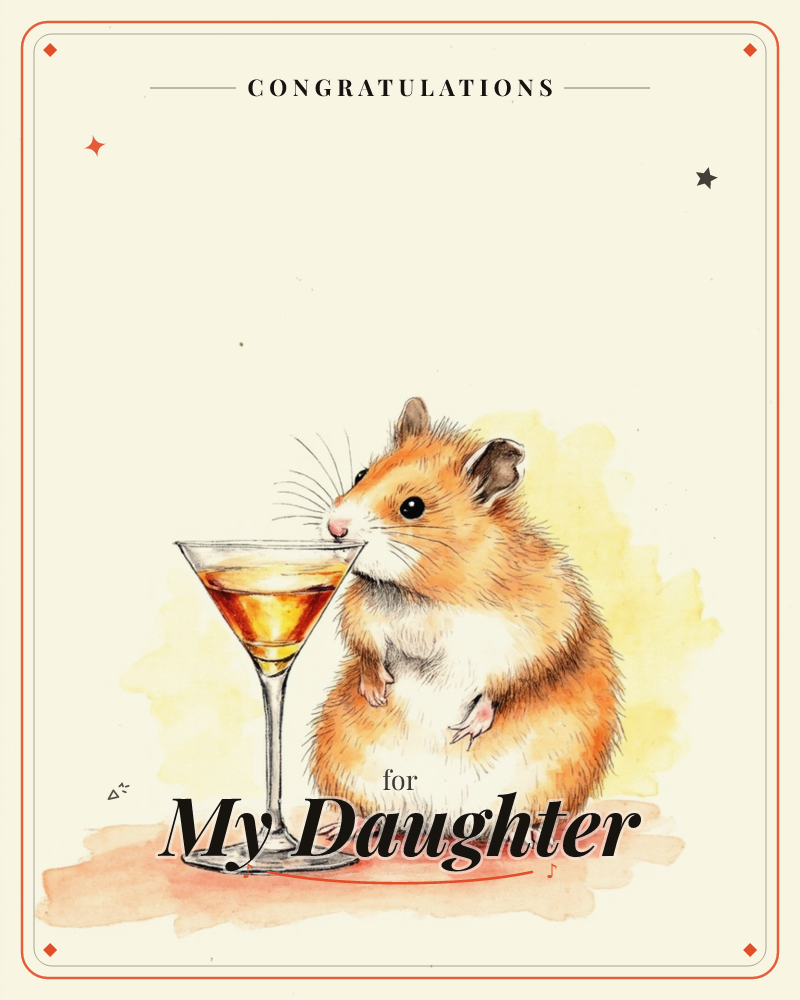 A plump orange-and-white hamster sits upright beside a martini glass filled with an amber cocktail, its whiskers nearly brushing the rim, a congratulations e-card design