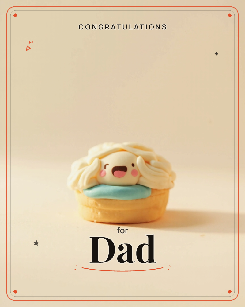 A tiny sculpted figure with a round, rosy-cheeked face peeks out from a swirl of pale cream frosting-like hair, tucked into a soft teal collar atop a…, a congratulations e-card design