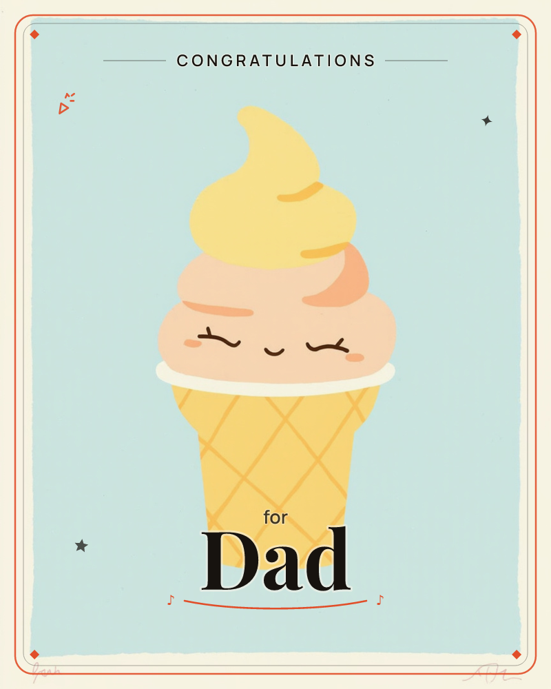 A soft-serve ice cream cone sits centred on a pale mint-blue background, its swirl of peach and butter-yellow topped with a cheerful sleepy-eyed face…, a congratulations e-card design