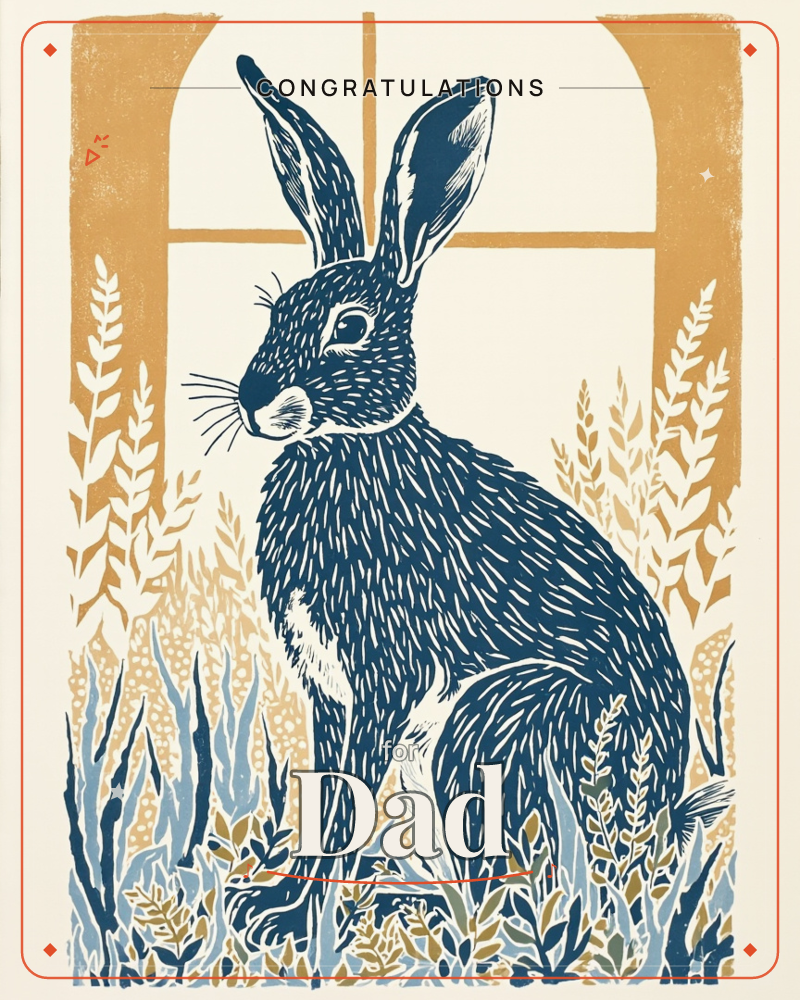A tall hare in deep navy sits alert before an arched, mustard-yellow window, its ears standing straight up against the frame, a congratulations e-card design