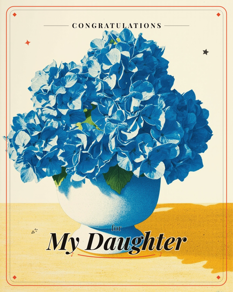 A rounded white pedestal bowl overflows with vivid blue hydrangea blooms, their petals rendered in bold graphic strokes of cobalt and pale sky blue, a congratulations e-card design