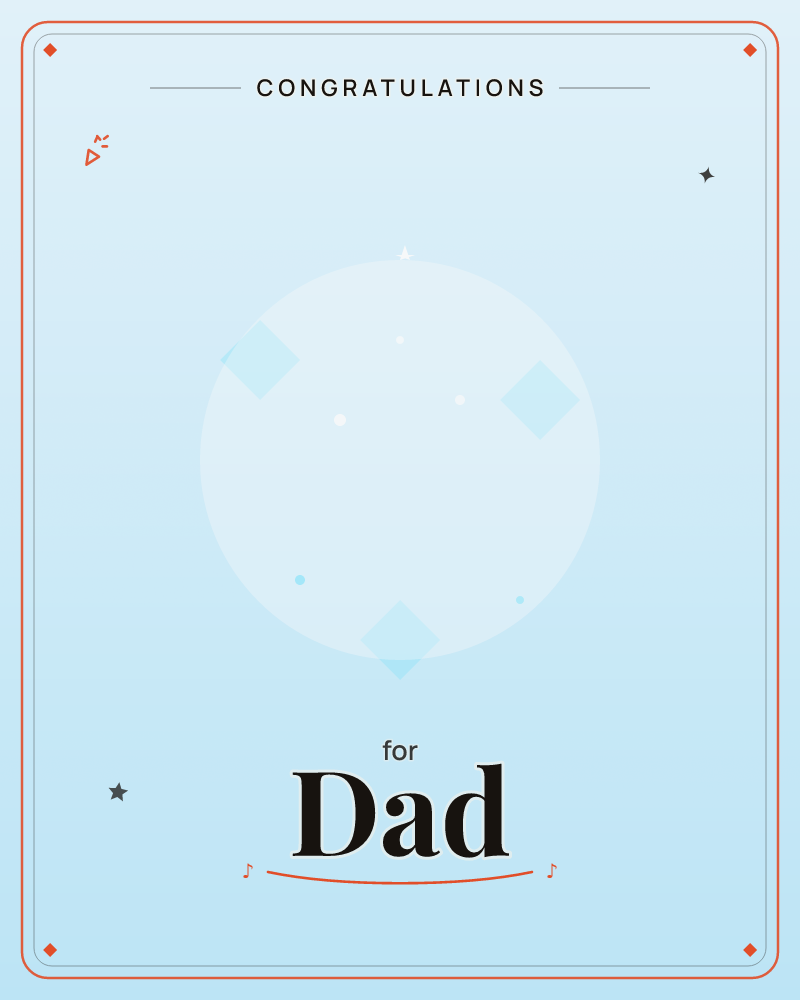 A soft pale-blue circle floats at the center of a cool gradient background, ringed by three faint diamond shapes and scattered small dots, a congratulations e-card design by @DittyCityTeam