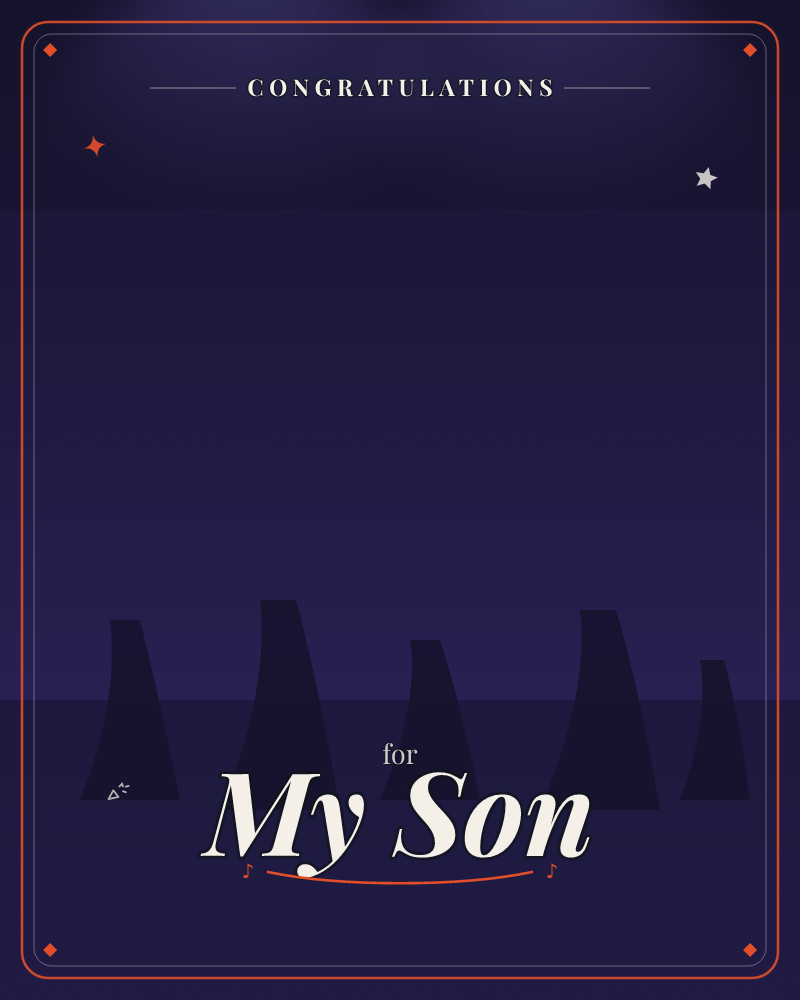 A row of five dark standing stones rises along a low horizon beneath a deep indigo night sky, a congratulations e-card design by @DittyCityTeam