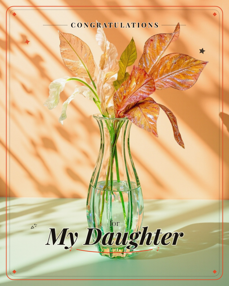 A ribbed glass vase holds a spray of autumn-toned leaves in cream, gold, and rust, standing on a soft green surface against a peach wall streaked with…, a congratulations e-card design