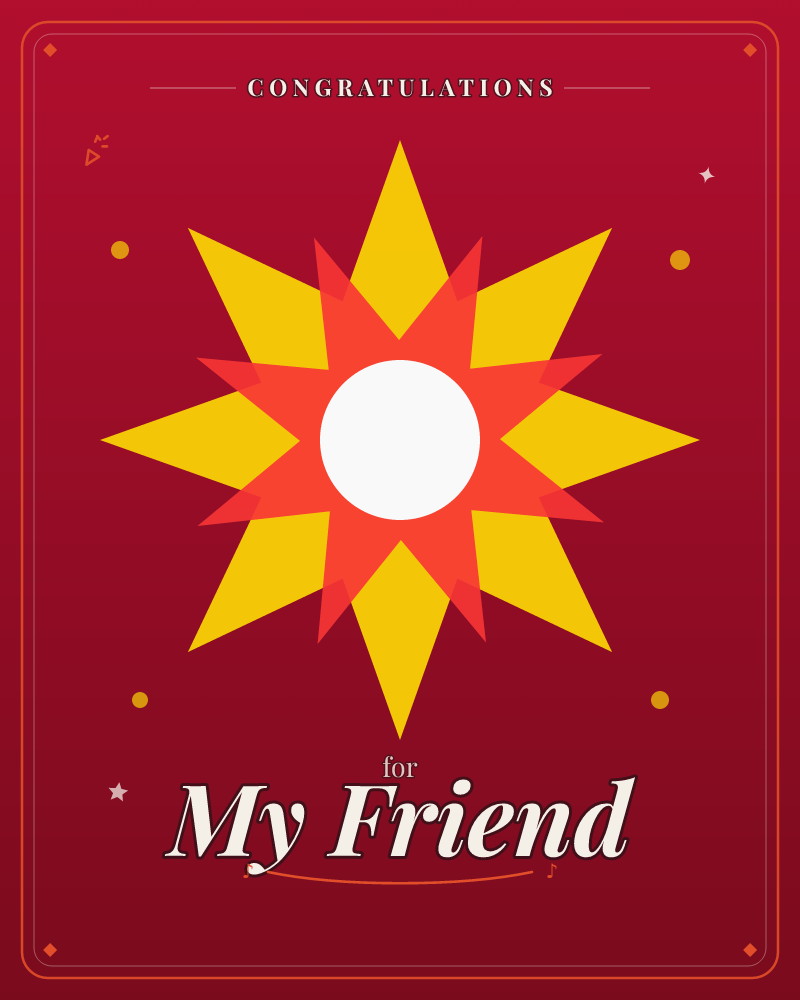 A radiant starburst of layered orange and golden-yellow points explodes from a plain white circle at the centre, set against a deep crimson background…, a congratulations e-card design by @DittyCityTeam