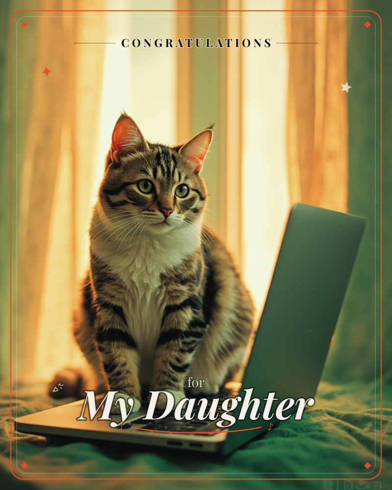 A tabby cat sits upright with paws planted on a laptop keyboard, ears alert and eyes fixed just off-camera as if caught mid-mischief, a congratulations e-card design
