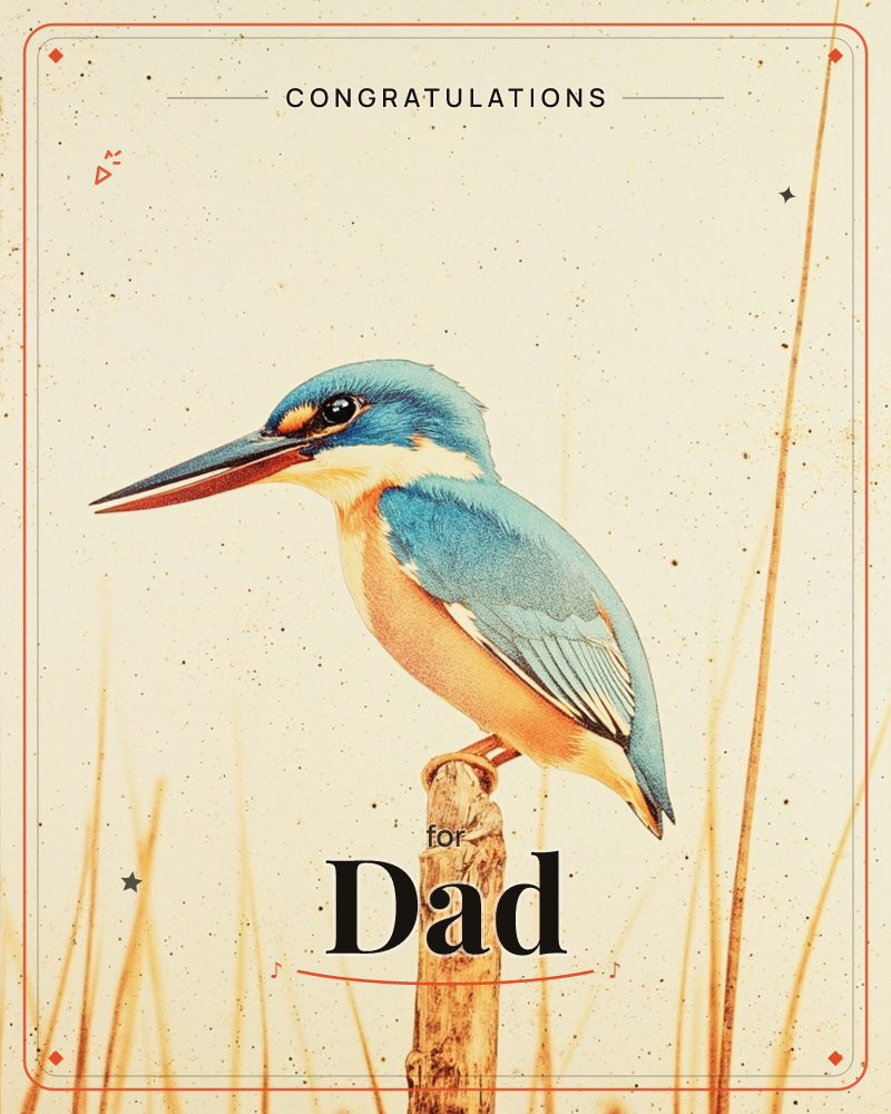 A kingfisher with a vivid blue back and warm orange breast perches on a weathered wooden post, surrounded by tall dry reeds, a congratulations e-card design