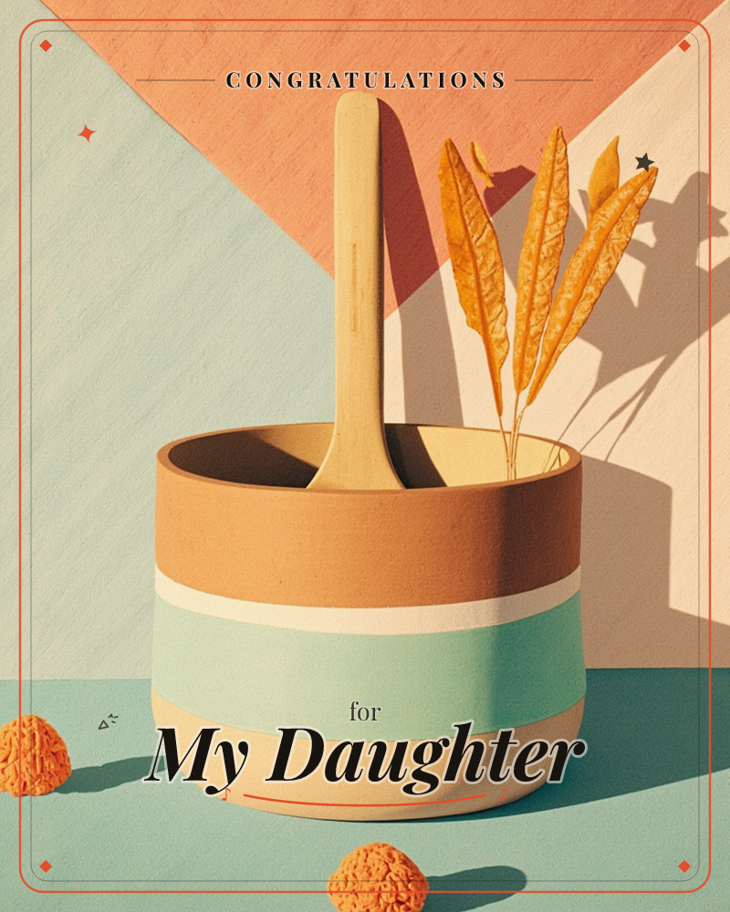 A striped ceramic pot in terracotta, mint and sand holds a wooden spoon and three dried golden leaves, set against a geometric backdrop of peach, sage…, a congratulations e-card design