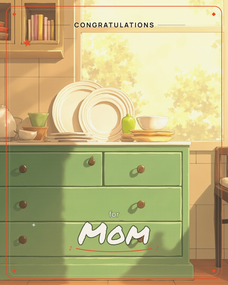 A sunlit kitchen corner glows in warm afternoon light, with dappled shadows from leaves outside the window falling across the tiled wall, a congratulations e-card design