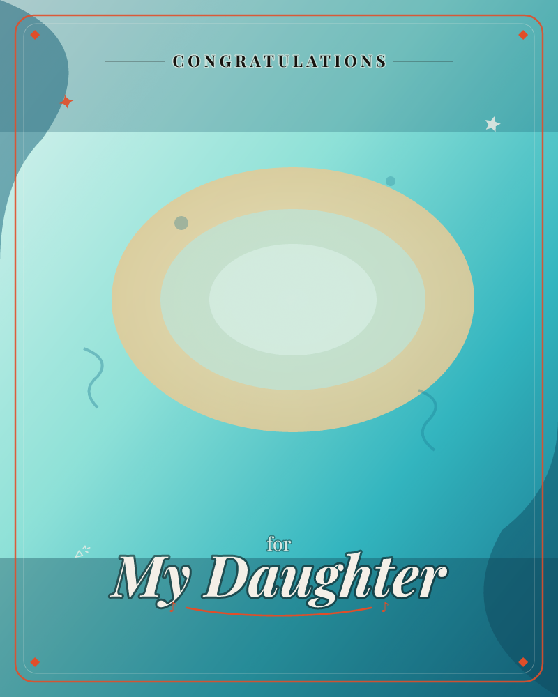 An abstract flat design shows a large tan and cream oval ring floating against bands of teal and turquoise, like a raft glimpsed underwater or a coin…, a congratulations e-card design by @DittyCityTeam