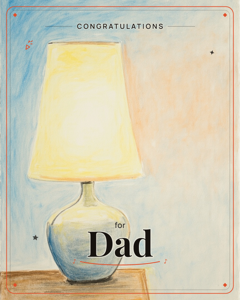 A single table lamp glows warmly against a soft blue and peach background, its rounded pale base sitting on a wooden tabletop, a congratulations e-card design