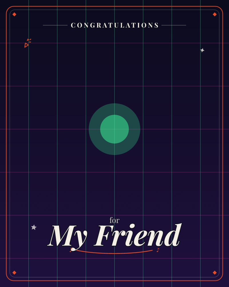 A single glowing green circle sits at the crossing point of a faint grid, its light softening into rings against a dark navy background, a congratulations e-card design by @DittyCityTeam