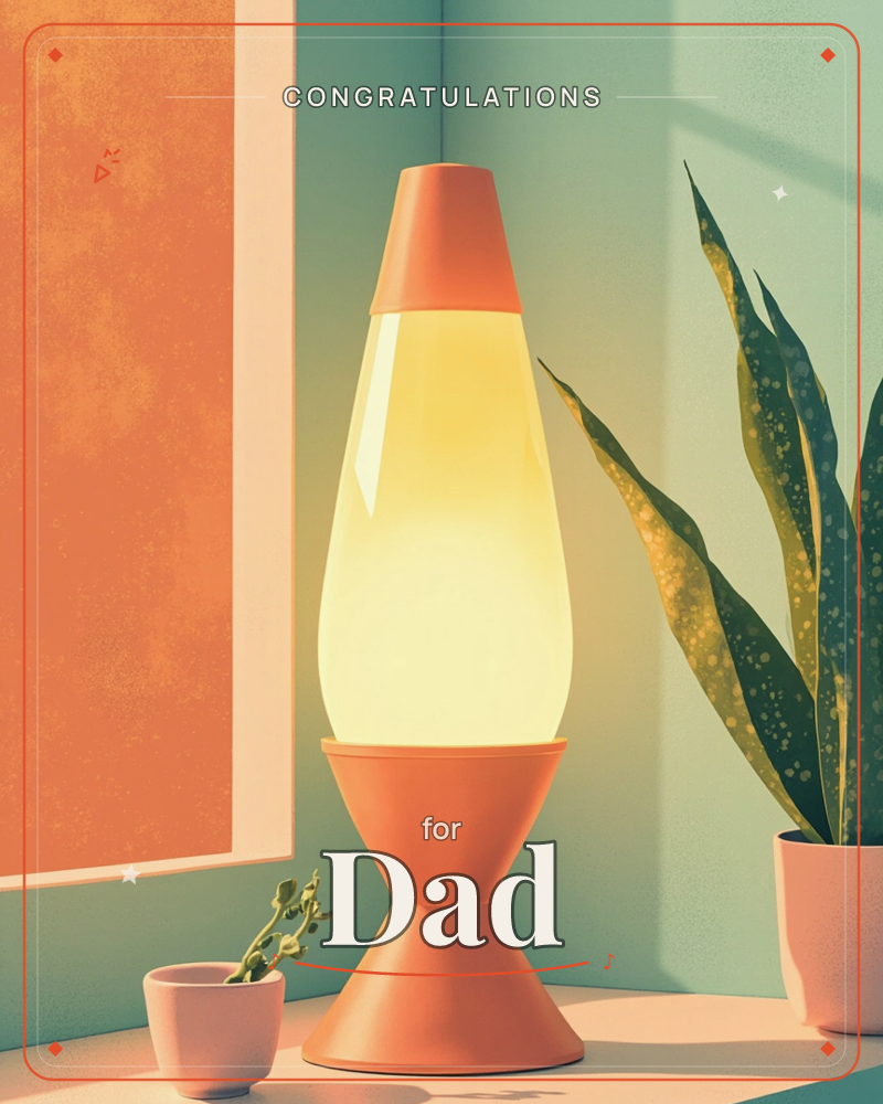 A glowing lava lamp sits on a windowsill, its warm golden light spilling across a teal-green wall beside an orange curtain, a congratulations e-card design