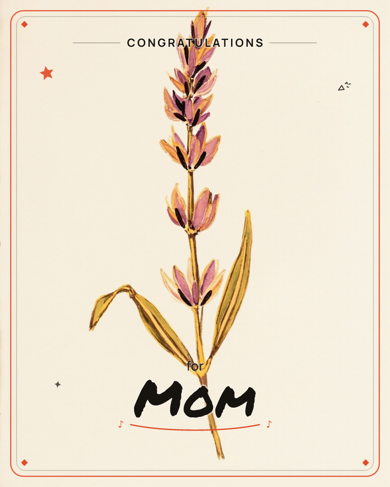 A single tall flowering stem stands alone on a warm cream background, its spike lined with small purple and orange-edged blossoms from base to tip, a congratulations e-card design