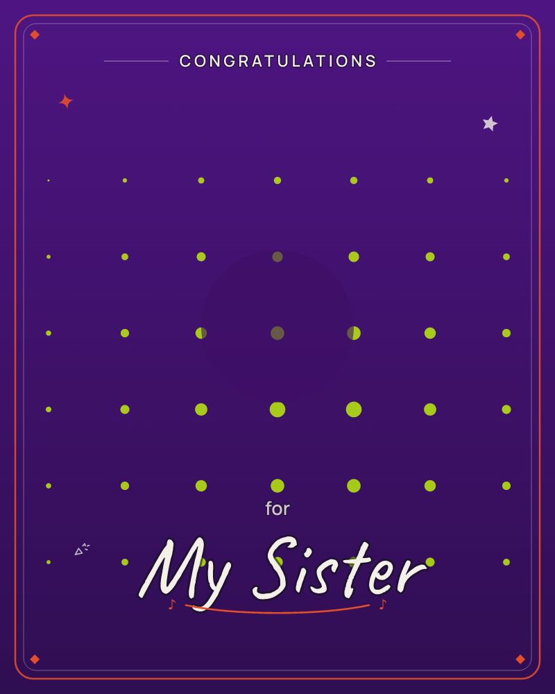 A deep purple field glows softly toward black at the top and bottom edges, with a grid of chartreuse dots arranged in neat rows across the middle, a congratulations e-card design by @DittyCityTeam
