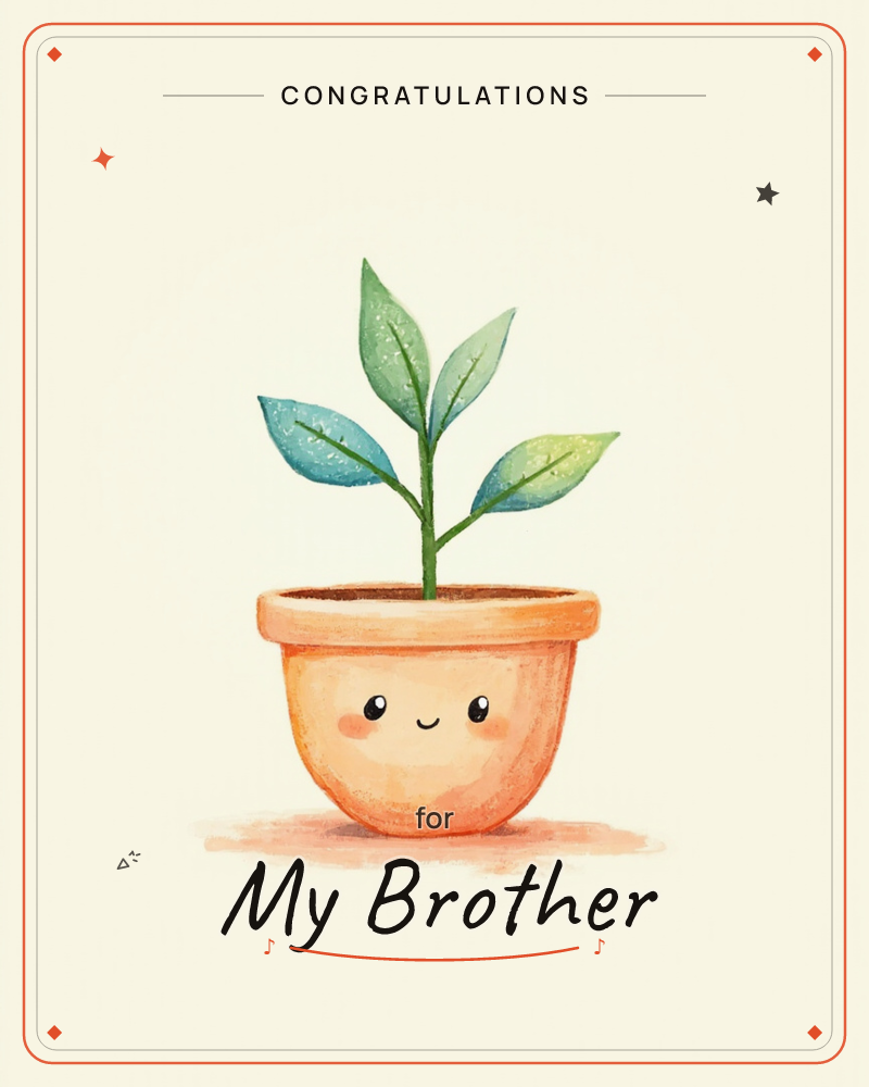 A terracotta plant pot with a smiling, rosy-cheeked face sits on a soft cream background, sprouting a single stem with three watercolour leaves in…, a congratulations e-card design