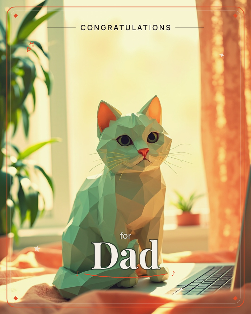 A low-poly, faceted white cat sits on a sunlit windowsill beside a laptop, its geometric ears and whiskers catching warm afternoon light, a congratulations e-card design