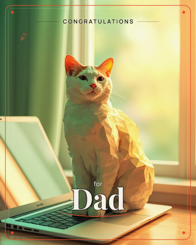 A cream-and-orange cat, rendered in faceted low-poly style, sits perched on an open laptop keyboard beside a sunlit window with soft green curtains, a congratulations e-card design