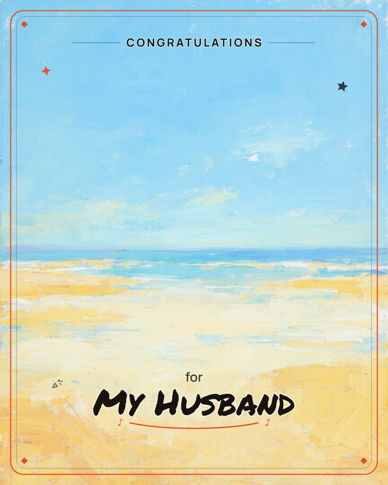 A wide, empty beach stretches under a pale summer sky, painted in loose, sun-bleached strokes of sand and turquoise, a congratulations e-card design