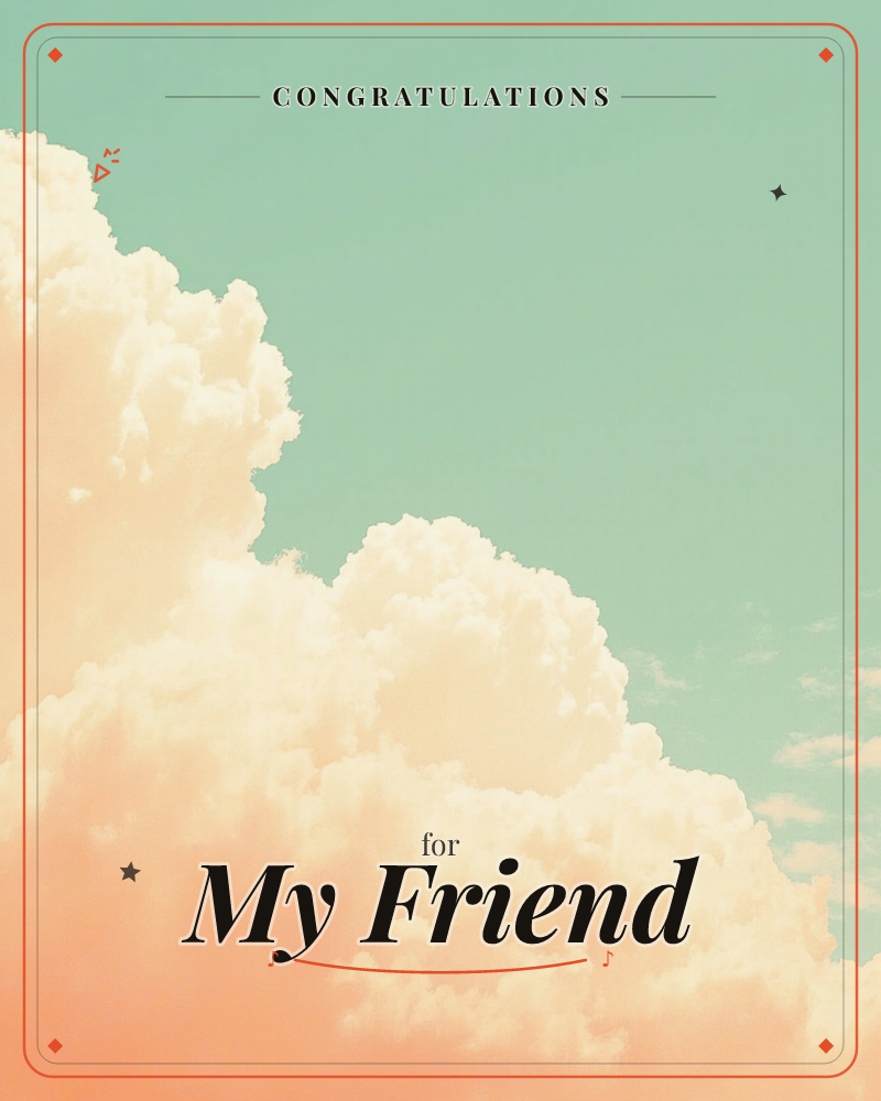 A billowing cumulus cloud rolls up from the lower left corner against a soft mint-green sky, its edges lit peach and apricot as if by a low sun, a congratulations e-card design