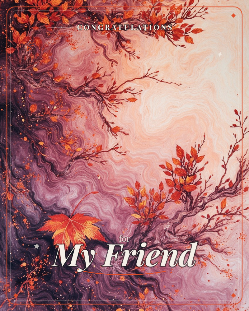 Gnarled branches stretch across a swirling background of marbled mauve, plum and cream, their bark rendered in rippling wood-grain lines, a congratulations e-card design