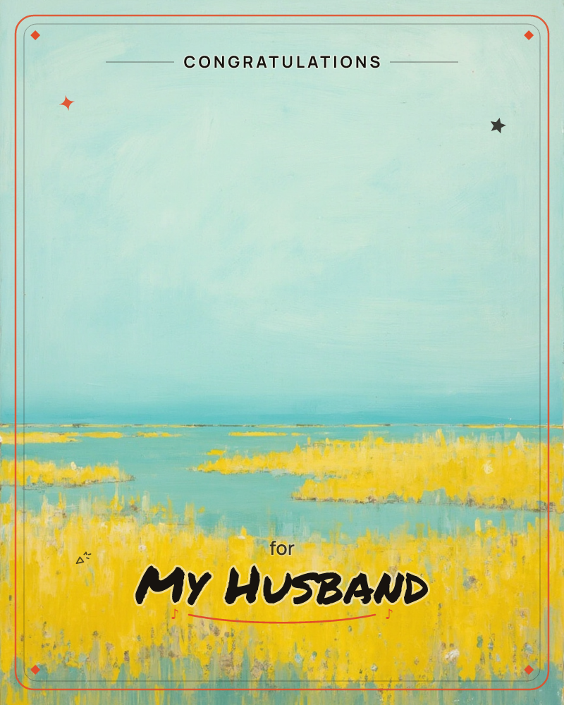 A wide marsh landscape glows in bright yellow grasses that stretch toward a calm turquoise channel of water, a congratulations e-card design